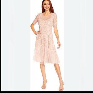 Adrianna Papell 3D Floral Embellishments Midi Cocktail Dress in Shell/Pink Sz 16